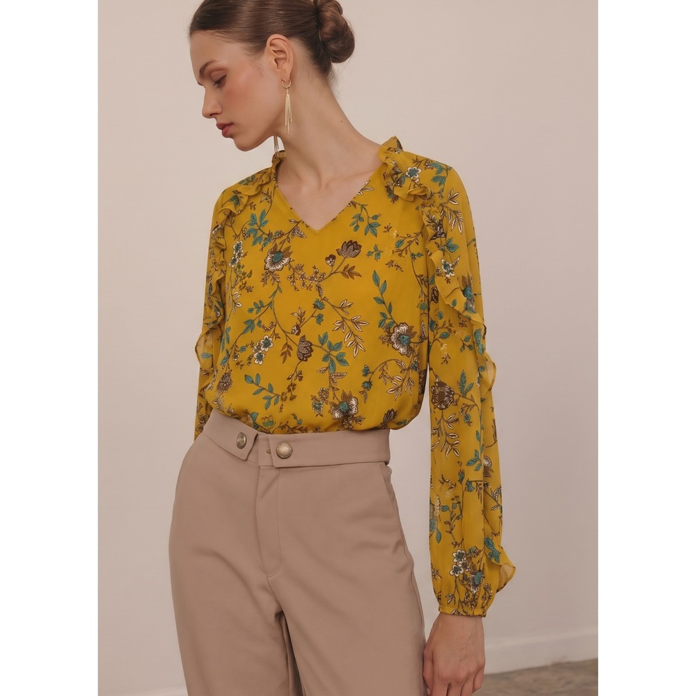 NWOT Calvin Klein Women's Mustard Floral Smocked Shoulder Boho Blouse Size S